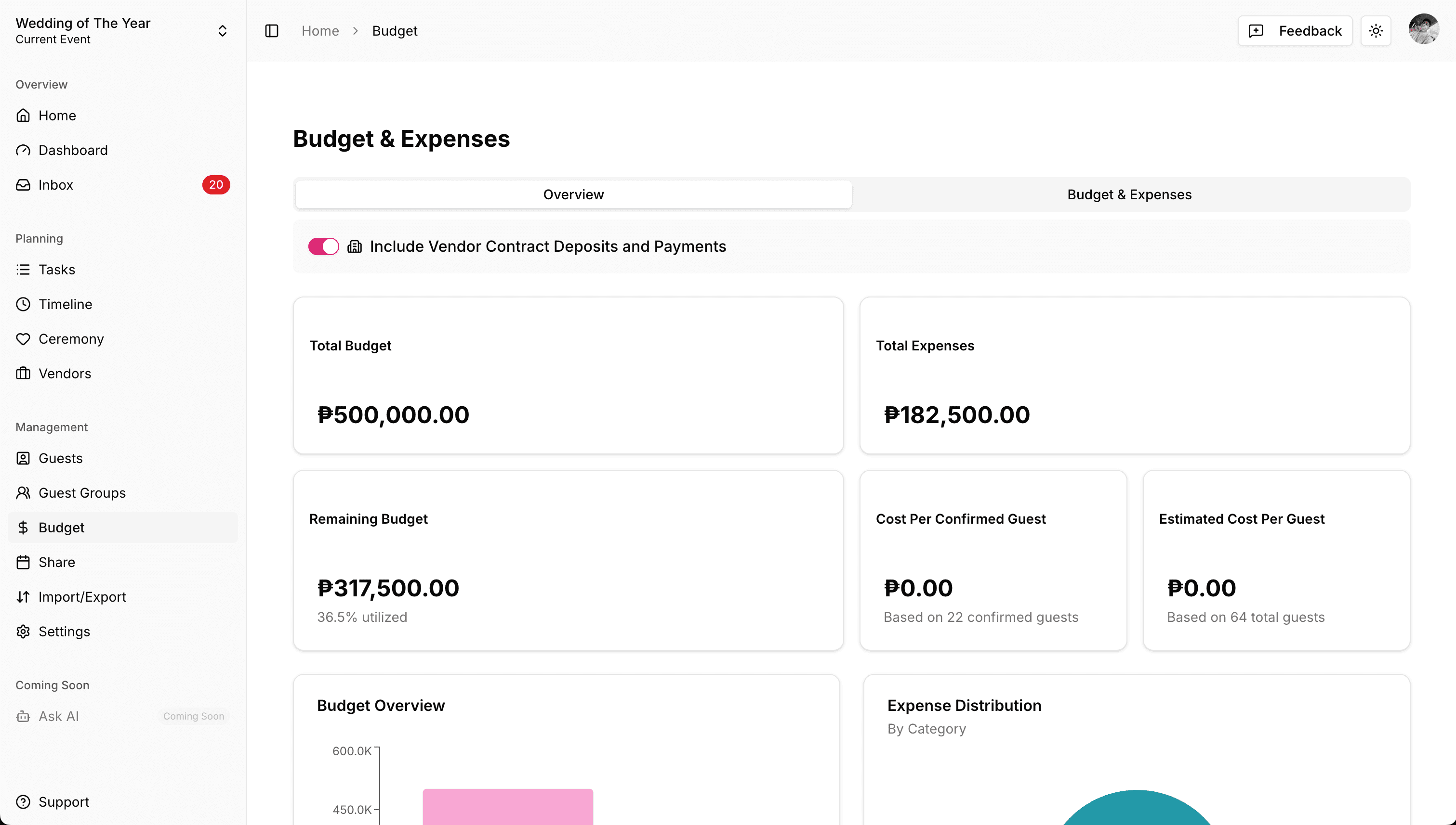 STEVEN budget view showing total budget, expenses, remaining balance, and charts