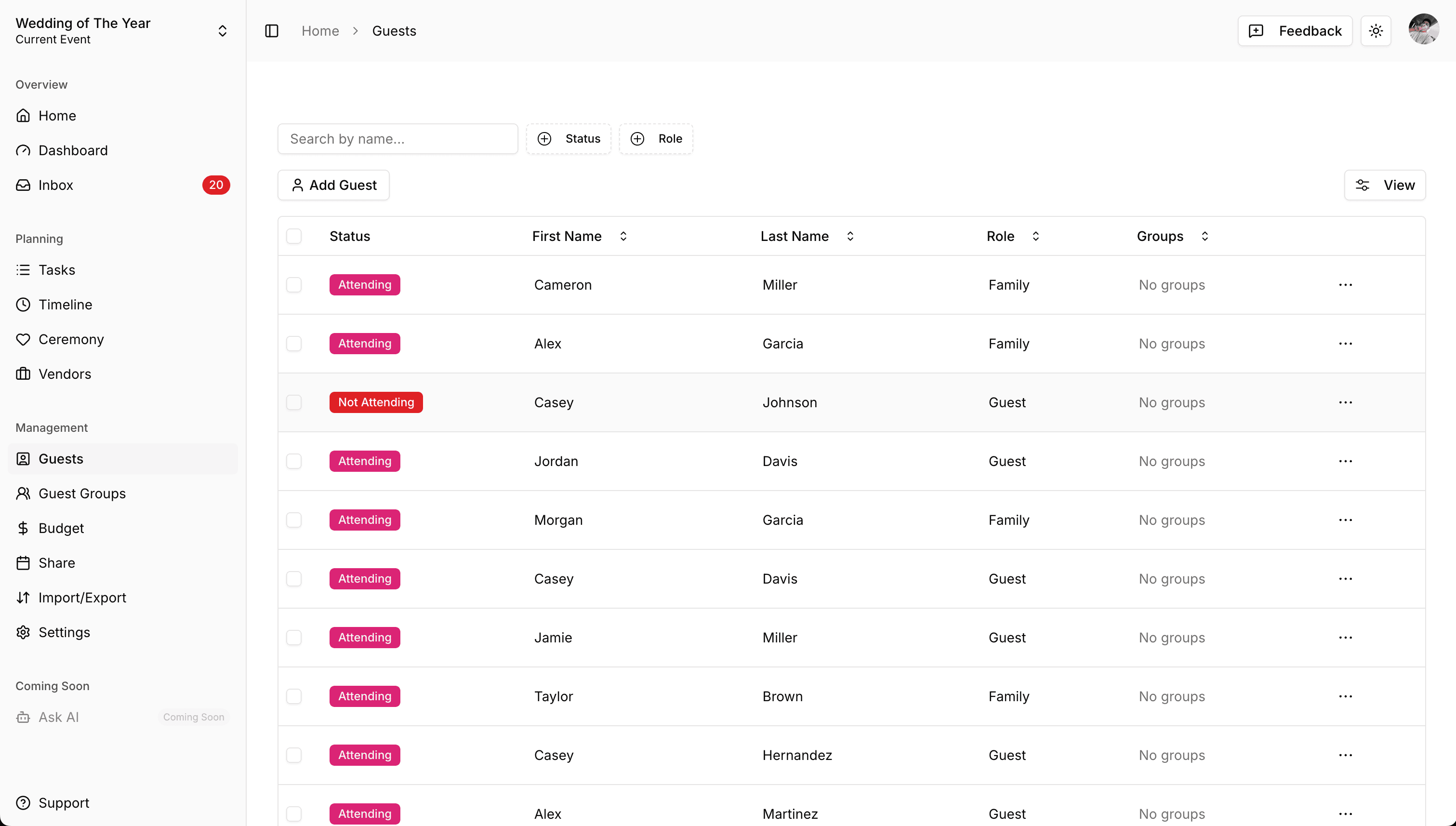 STEVEN guest list view showing attendee status, names, roles, and groups
