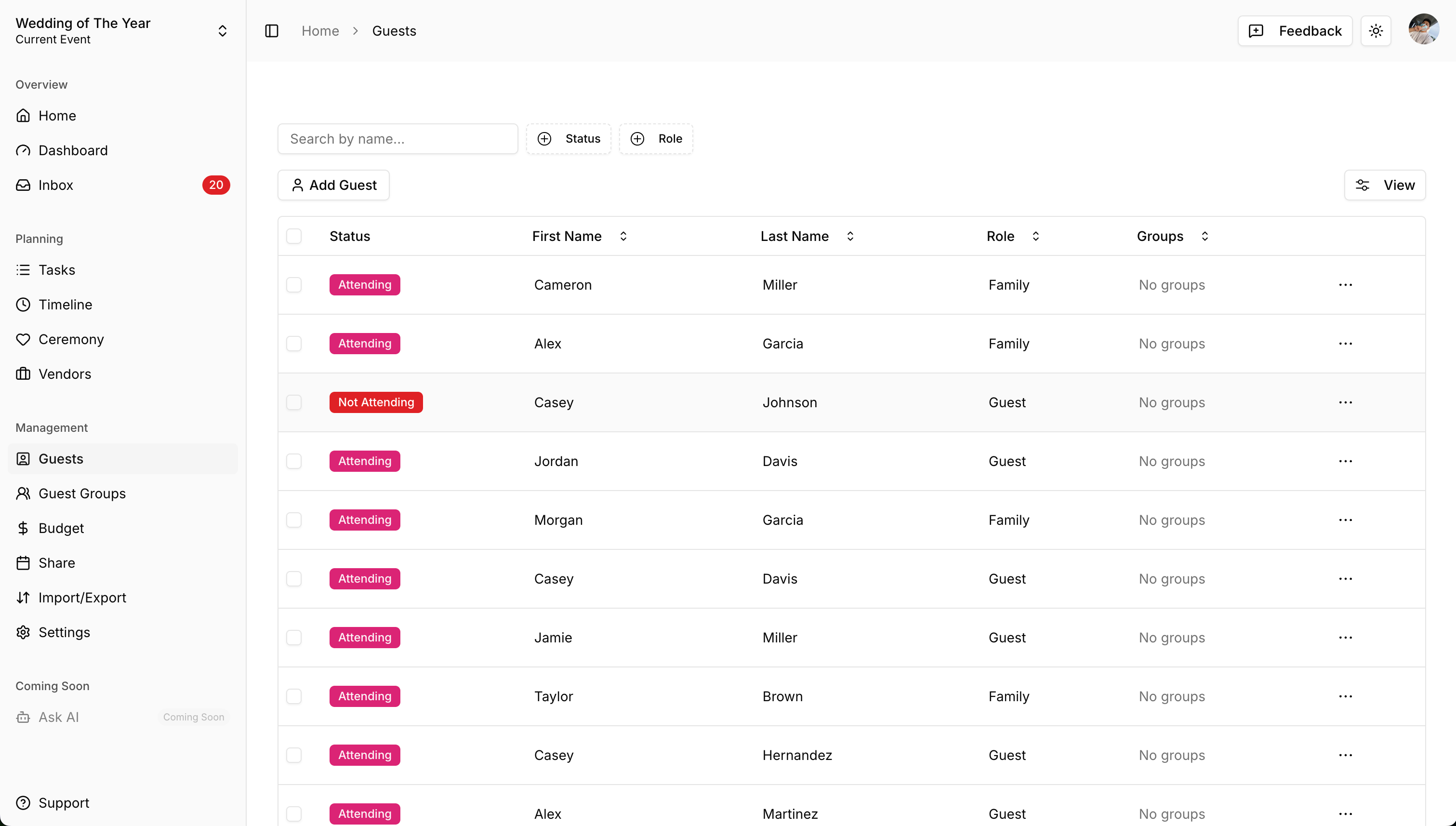 Guest list with RSVP tracking