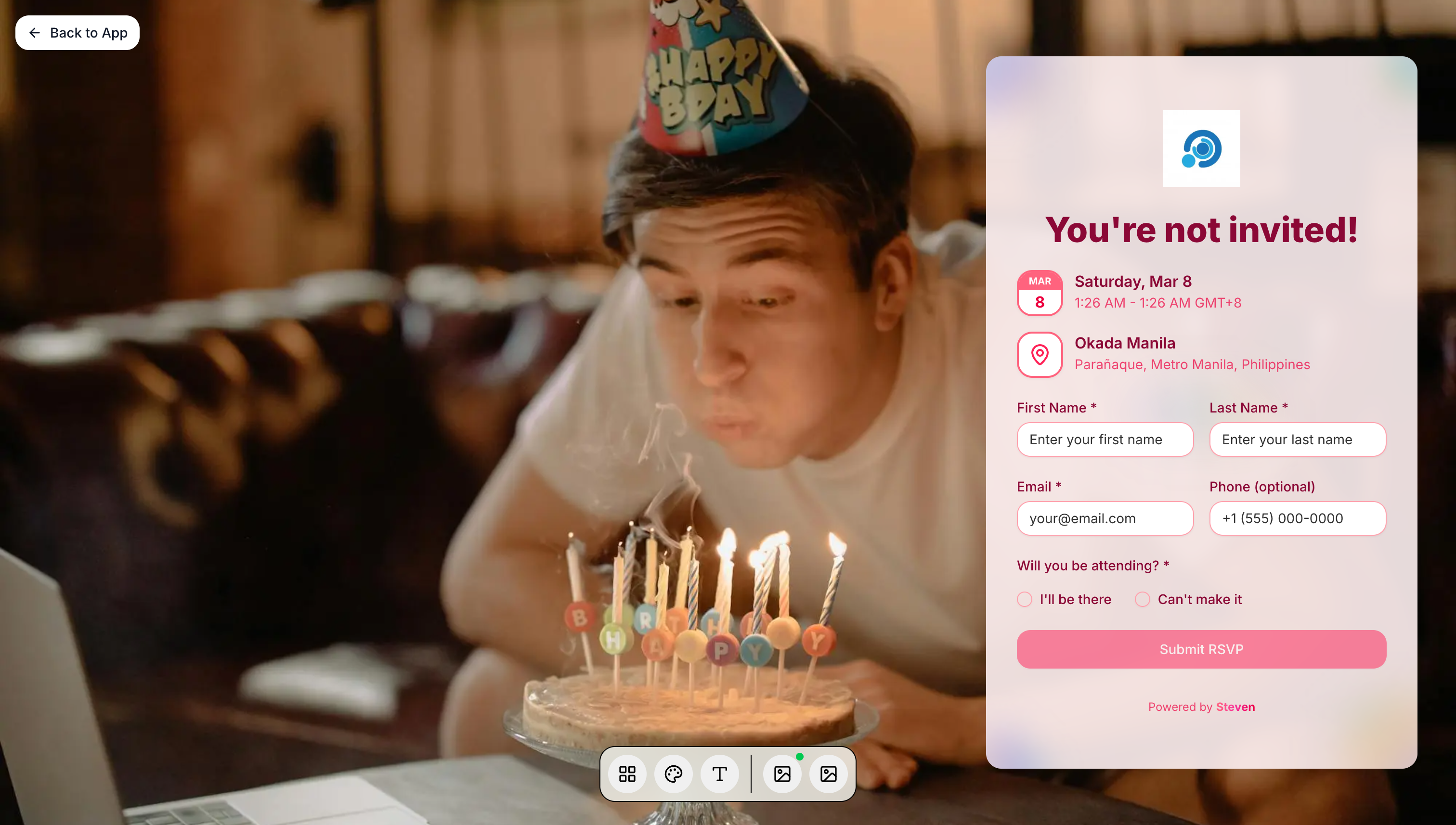 STEVEN public RSVP page preview with the couple's theme and guest response form
